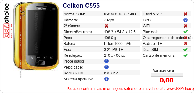 Celkon C555 Especificações técnicas do telemóvel Celkon C555 Especificações técnicas do telemóvel