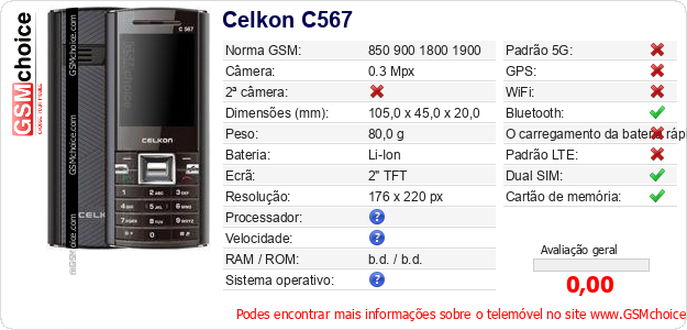 Celkon C567 Especificações técnicas do telemóvel 