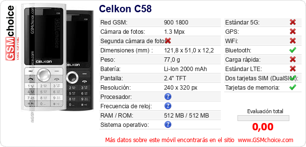 Celkon C58 Datos técnicos del móvil Celkon C58 Datos técnicos del móvil