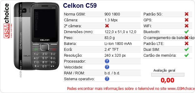 Celkon C59 Especificações técnicas do telemóvel 