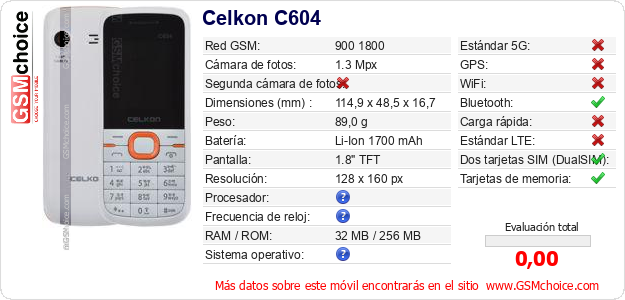 Celkon C604 Datos técnicos del móvil Celkon C604 Datos técnicos del móvil