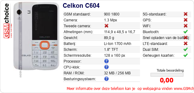Celkon C604 Technische gegevens Celkon C604 Technische gegevens