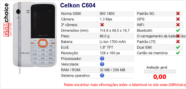 Celkon C604 Especificações técnicas do telemóvel Celkon C604 Especificações técnicas do telemóvel
