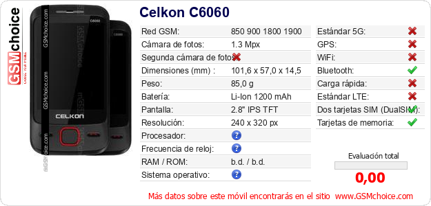 Celkon C6060 Datos técnicos del móvil Celkon C6060 Datos técnicos del móvil