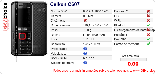 Celkon C607 Especificações técnicas do telemóvel 