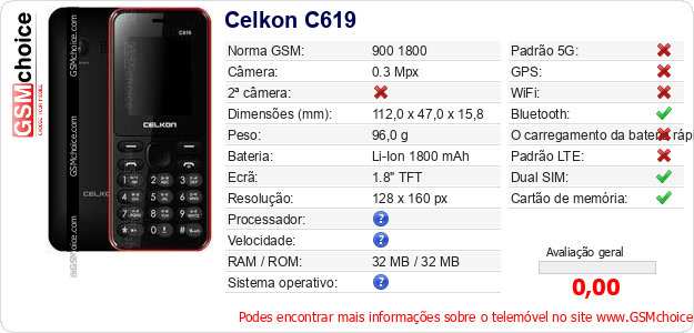 Celkon C619 Especificações técnicas do telemóvel Celkon C619 Especificações técnicas do telemóvel