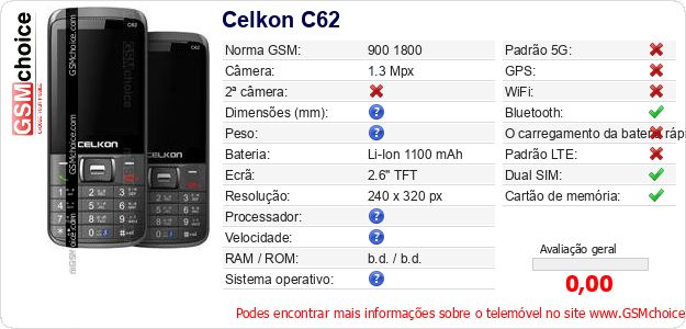 Celkon C62 Especificações técnicas do telemóvel Celkon C62 Especificações técnicas do telemóvel