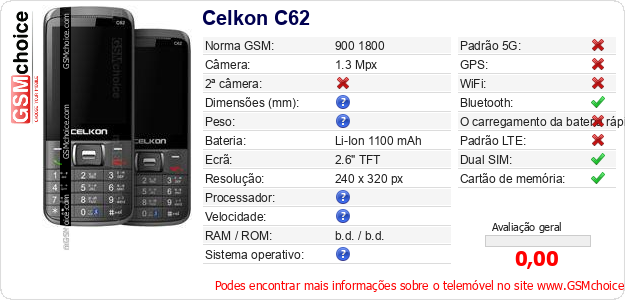 Celkon C62 Especificações técnicas do telemóvel 