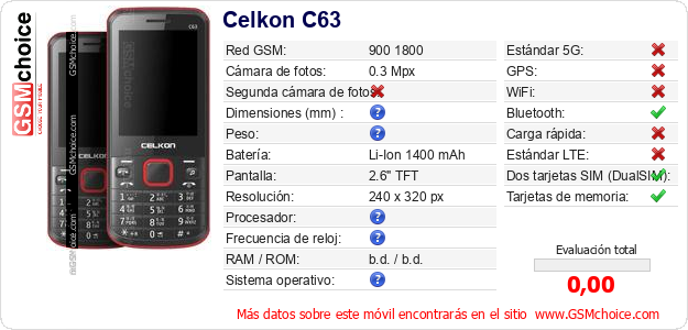Celkon C63 Datos técnicos del móvil Celkon C63 Datos técnicos del móvil