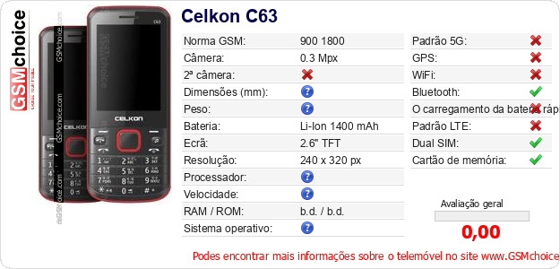 Celkon C63 Especificações técnicas do telemóvel Celkon C63 Especificações técnicas do telemóvel
