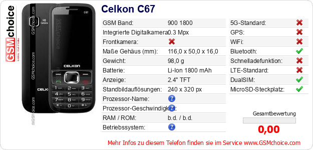Celkon C67 technische Daten Celkon C67 technische Daten