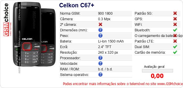 Celkon C67+ Especificações técnicas do telemóvel Celkon C67+ Especificações técnicas do telemóvel