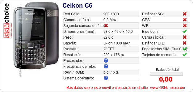 Celkon C6 Datos técnicos del móvil Celkon C6 Datos técnicos del móvil