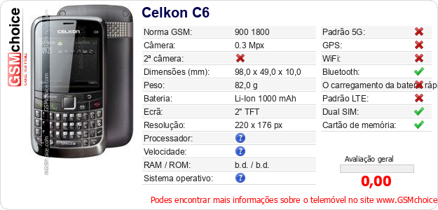 Celkon C6 Especificações técnicas do telemóvel Celkon C6 Especificações técnicas do telemóvel