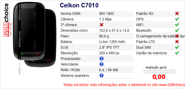 Celkon C7010 Especificações técnicas do telemóvel 