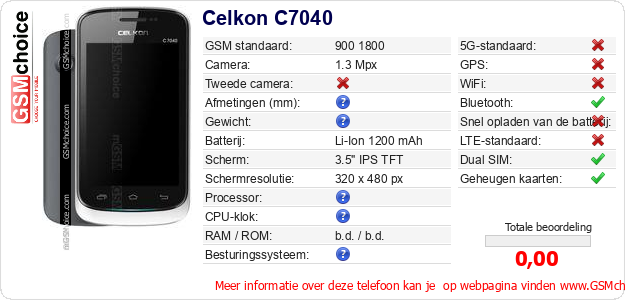 Celkon C7040 Technische gegevens Celkon C7040 Technische gegevens