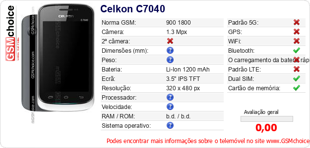 Celkon C7040 Especificações técnicas do telemóvel 