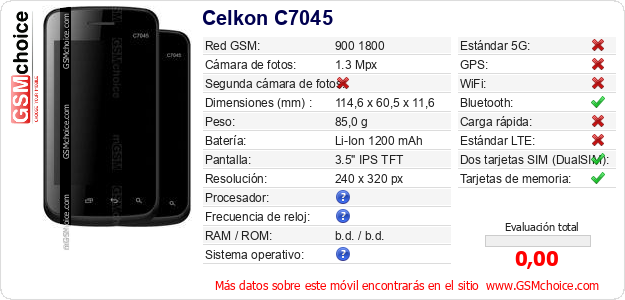 Celkon C7045 Datos técnicos del móvil Celkon C7045 Datos técnicos del móvil