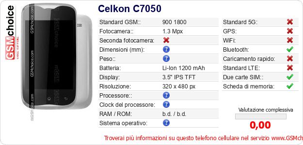 Celkon C7050 Dati tecnici di telefono cellulare Celkon C7050 Dati tecnici di telefono cellulare