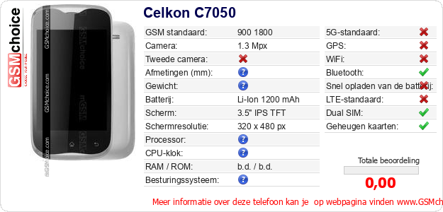 Celkon C7050 Technische gegevens Celkon C7050 Technische gegevens