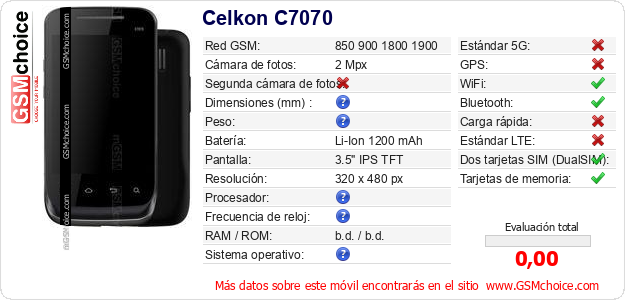 Celkon C7070 Datos técnicos del móvil Celkon C7070 Datos técnicos del móvil