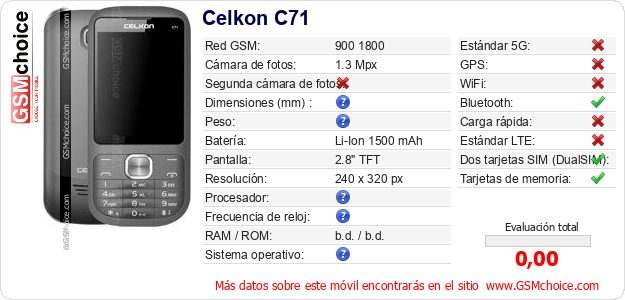 Celkon C71 Datos técnicos del móvil Celkon C71 Datos técnicos del móvil