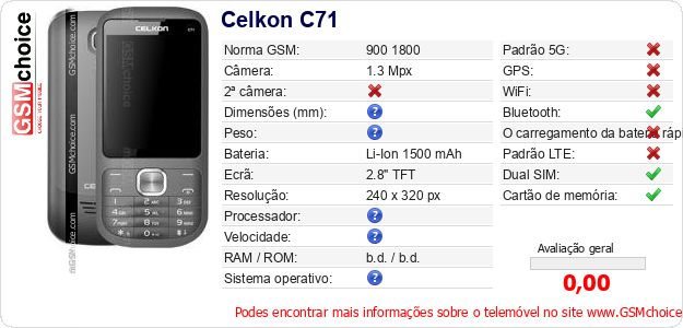 Celkon C71 Especificações técnicas do telemóvel Celkon C71 Especificações técnicas do telemóvel