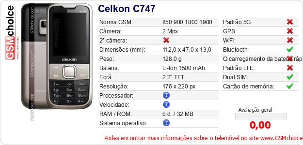 Celkon C747 Especificações técnicas do telemóvel 