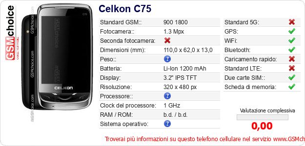 Celkon C75 Dati tecnici di telefono cellulare 