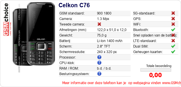 Celkon C76 Technische gegevens Celkon C76 Technische gegevens