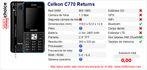 Celkon C770 Returns Datos técnicos del móvil Celkon C770 Returns Datos técnicos del móvil