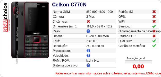 Celkon C770N Especificações técnicas do telemóvel 