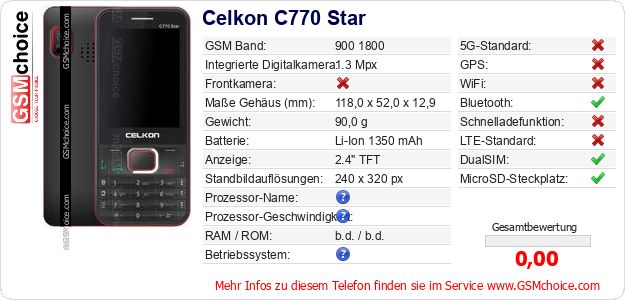Celkon C770 Star technische Daten Celkon C770 Star technische Daten