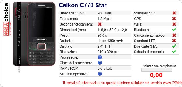 Celkon C770 Star Dati tecnici di telefono cellulare Celkon C770 Star Dati tecnici di telefono cellulare