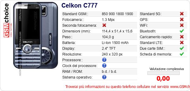 Celkon C777 Dati tecnici di telefono cellulare Celkon C777 Dati tecnici di telefono cellulare