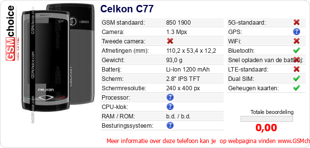 Celkon C77 Technische gegevens Celkon C77 Technische gegevens