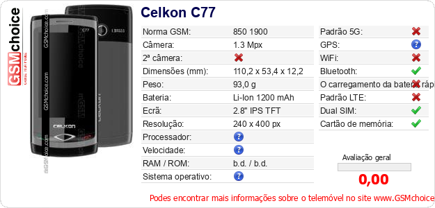 Celkon C77 Especificações técnicas do telemóvel 