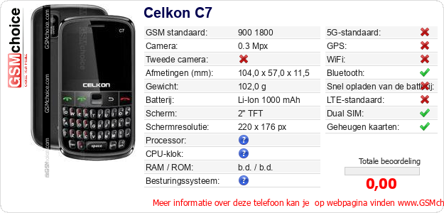 Celkon C7 Technische gegevens Celkon C7 Technische gegevens
