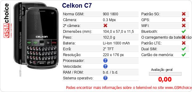 Celkon C7 Especificações técnicas do telemóvel Celkon C7 Especificações técnicas do telemóvel