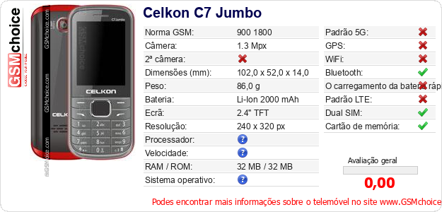 Celkon C7 Jumbo Especificações técnicas do telemóvel Celkon C7 Jumbo Especificações técnicas do telemóvel