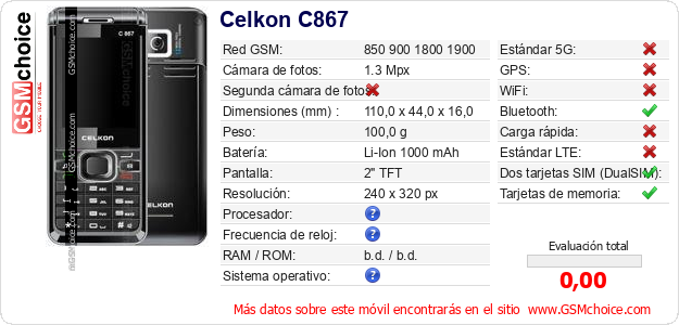 Celkon C867 Datos técnicos del móvil 