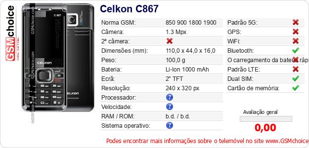 Celkon C867 Especificações técnicas do telemóvel Celkon C867 Especificações técnicas do telemóvel