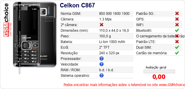 Celkon C867 Especificações técnicas do telemóvel 