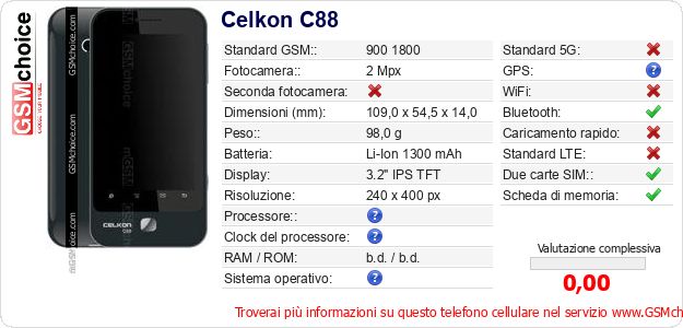 Celkon C88 Dati tecnici di telefono cellulare 