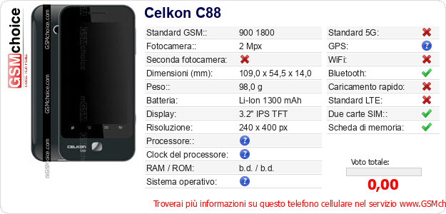 Celkon C88 Dati tecnici di telefono cellulare Celkon C88 Dati tecnici di telefono cellulare