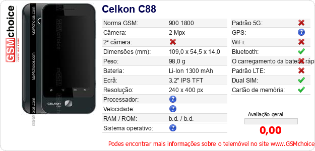 Celkon C88 Especificações técnicas do telemóvel 