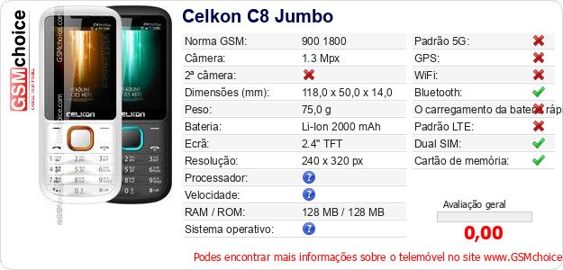 Celkon C8 Jumbo Especificações técnicas do telemóvel Celkon C8 Jumbo Especificações técnicas do telemóvel