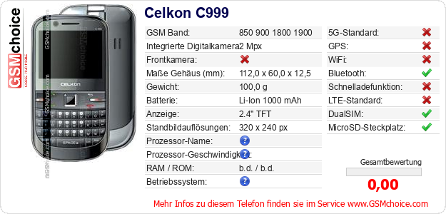Celkon C999 technische Daten Celkon C999 technische Daten