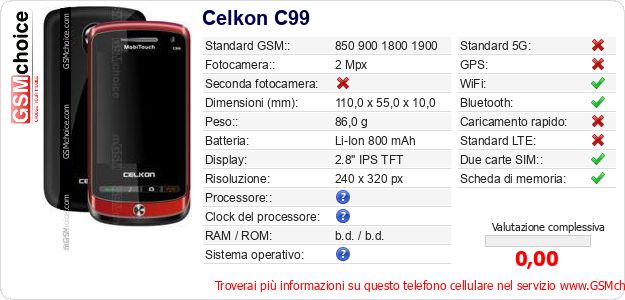 Celkon C99 Dati tecnici di telefono cellulare Celkon C99 Dati tecnici di telefono cellulare