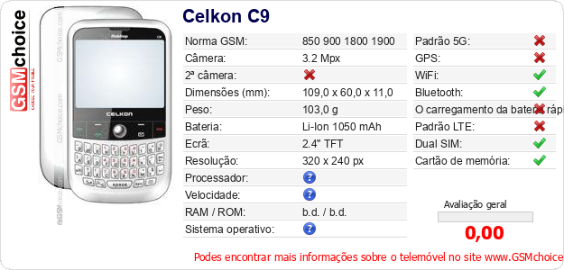 Celkon C9 Especificações técnicas do telemóvel 